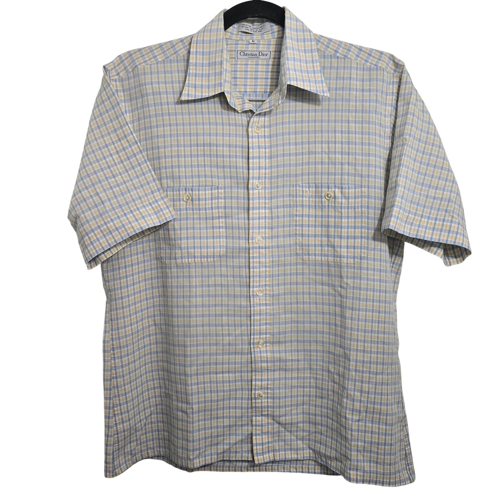 Vintage Christian Dior Chemises Mens Blue Yellow Plaid Short Sleeve Shirt M